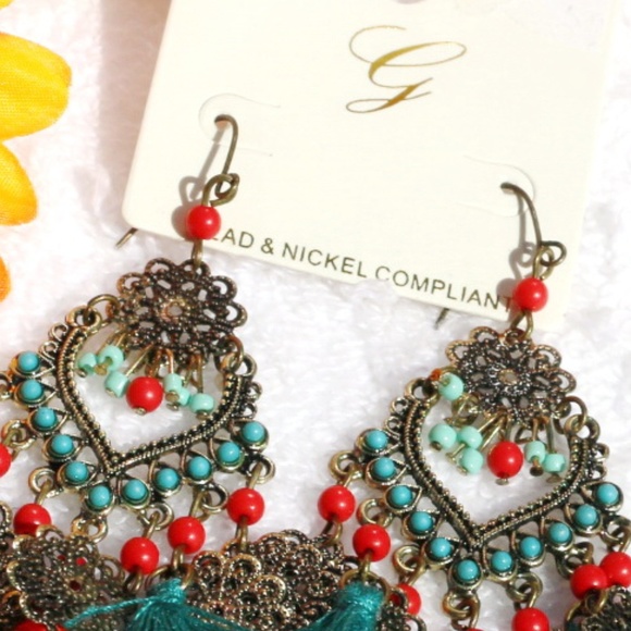 Boho Earrings Turquoise & Red Tassel Dangles - Picture 2 of 5